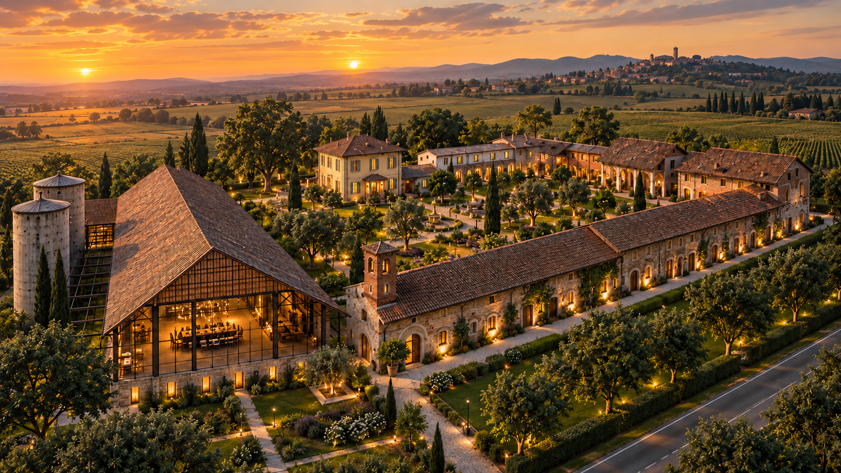 Cascina italiana nella campagna al tramonto